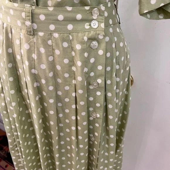 Vintage Rayon Skirt Set Polka Dot Sage Midi Tea Dress Cottagecore 12 - Picture 10 of 10